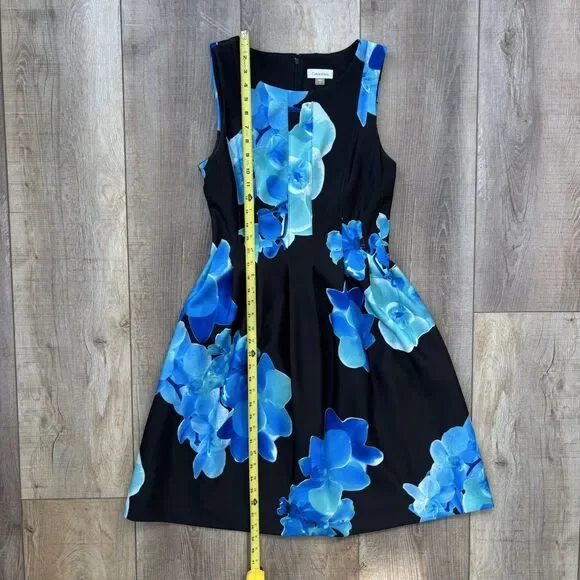 Calvin Klein Blue Black Sleeveless Floral Fit & Flare Cocktail Dress Sz 8 Spring - Picture 10 of 11